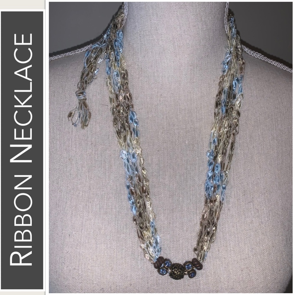 Necklace Strand of Blue, Sage, Bronze Ribbons, Bronze Beads & Blue Stones Accent - Picture 5 of 11